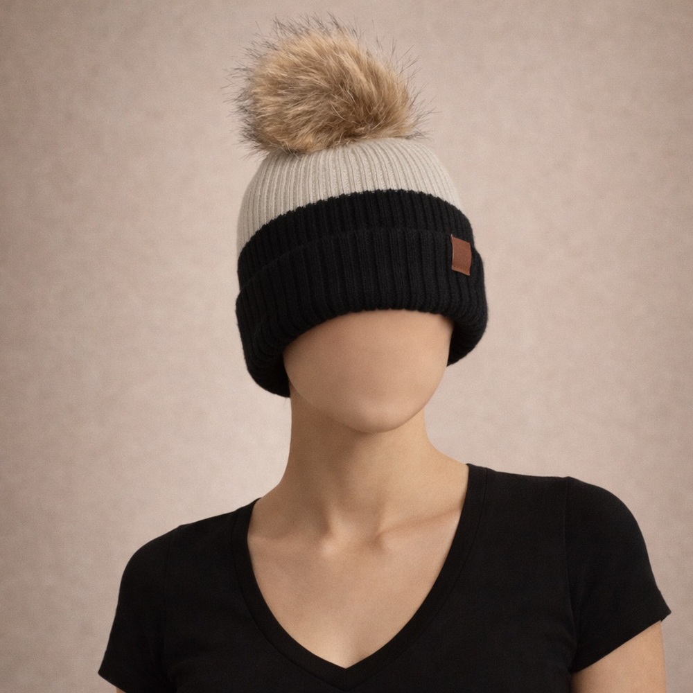 Black and Gray Pom-Pom Beanie